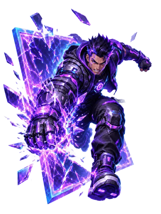 A frame runner bursting through a shattering crystal frame